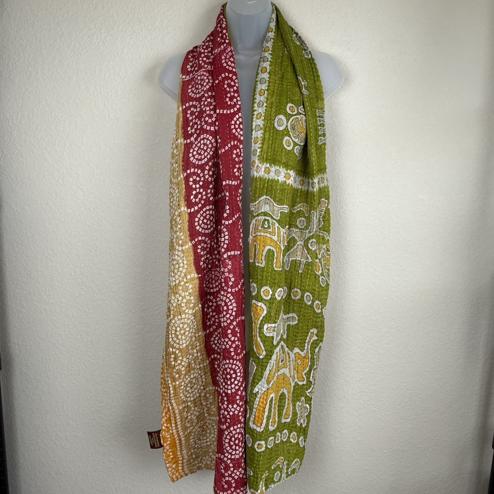 Kantha Stitch Animal Elephant Multicolor Cotton Wrap Shawl Reversible 86x15
